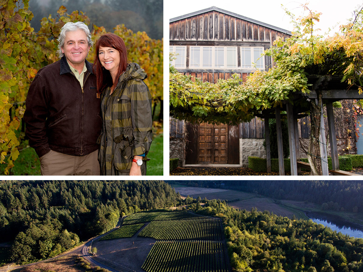 Ken and Karen Wright standing in vineyard, vines in front of the entrance to the Ken Wright cellars, a bird's eye view of one of the vineyards next to a river